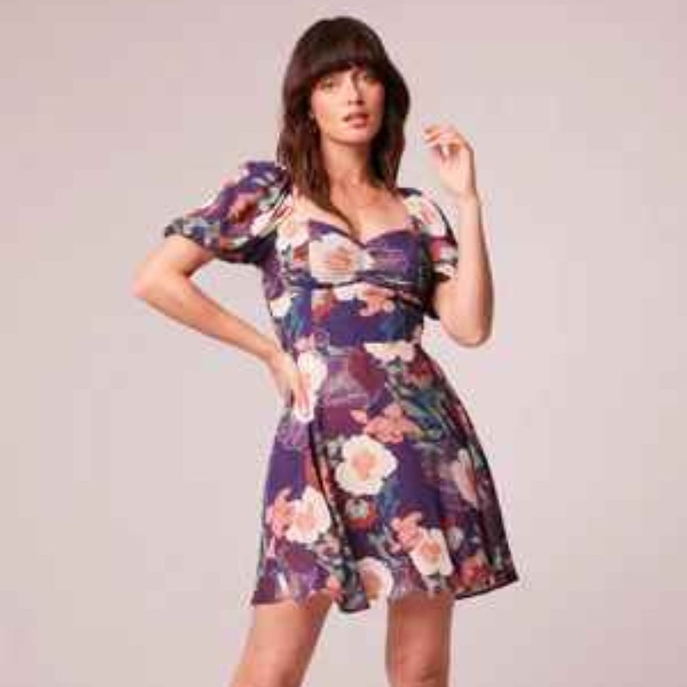 NWT: Band of the Free AIMEE PURPLE FLORAL PUFF SLEEVE MINI DRESS Size X-Small